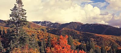 Autumn landscape with colorful trees and mountains.