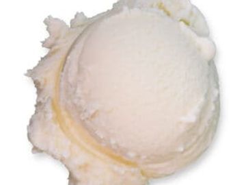 A scoop of creamy vanilla ice cream on a white background.