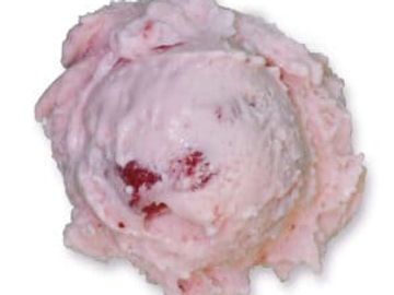 Scoop of pink strawberry ice cream with visible fruit pieces.