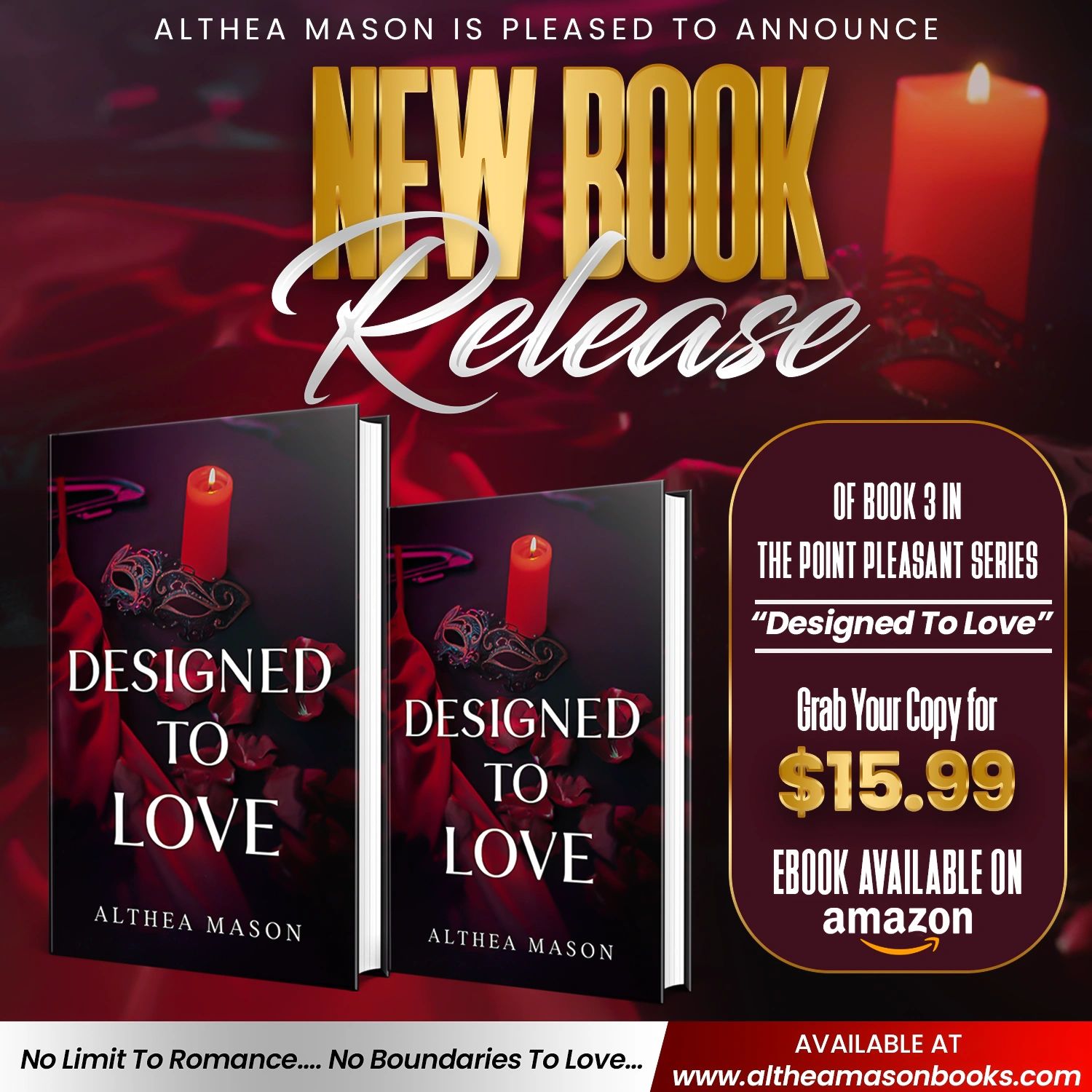 Announcement of Althea Mason's new book "Designed to Love" available for $15.99 on Amazon.