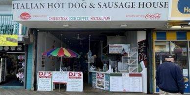 store front for DJ Italian hot dogs and sausages restaurant on seaside heights boardwalk.