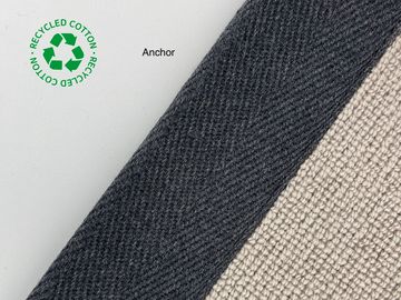 Close-up of recycled cotton fabric swatches in dark gray and beige.