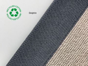 Two fabric swatches labeled Dolphin made from recycled cotton.