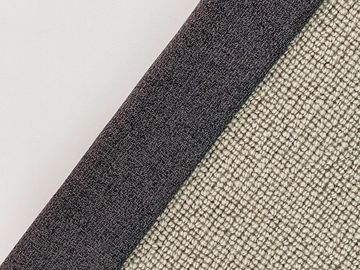 Close-up of three textured fabric samples in white, dark gray, and beige.