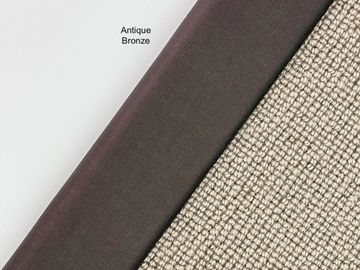 Three fabric samples in white, antique bronze, and textured beige.