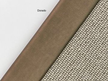 Three fabric samples in white, brown, and textured beige.