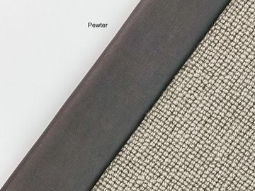 Close-up of three fabric swatches in white, pewter, and textured beige.