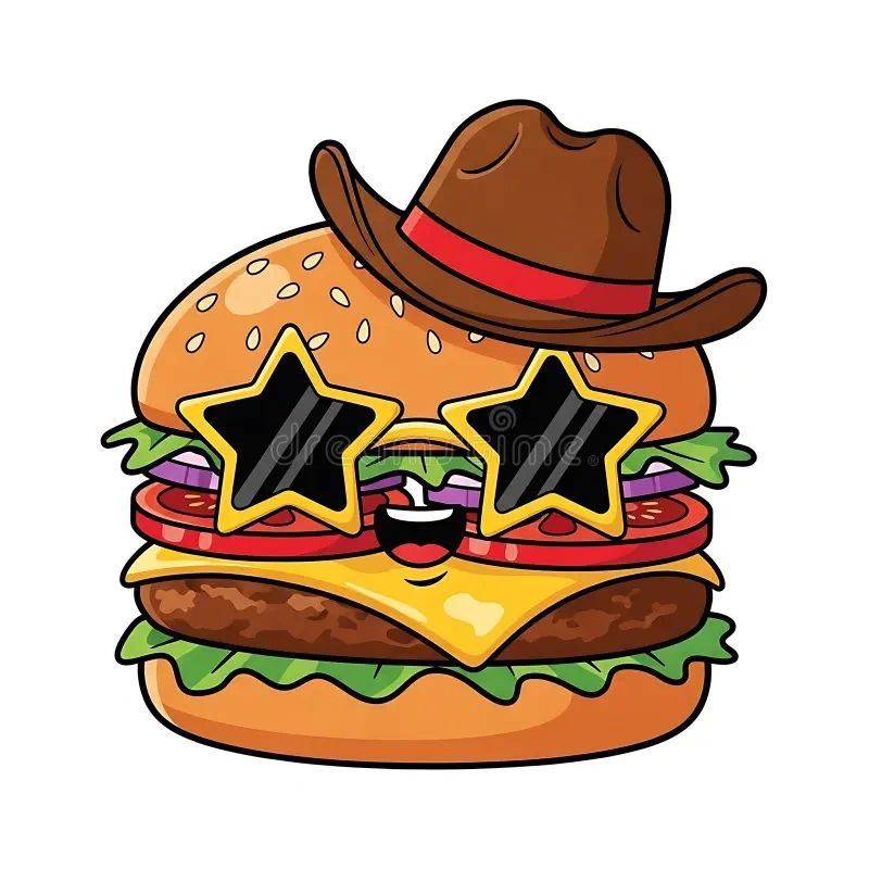 Cool burger with star-shaped sunglasses and cowboy hat.