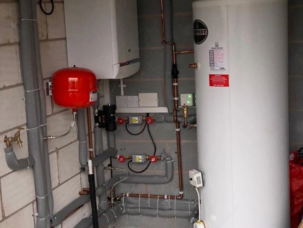 Boiler room with boiler, heating central and plumbing