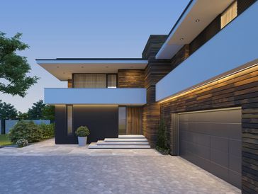 A modern two-story house with a flat roof, large windows