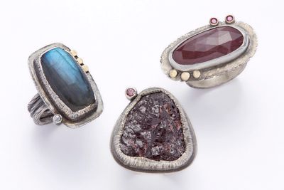 Girl Meets Joy Jewelry : three rings with labradorite, rough garnet and faceted red sapphire stones.