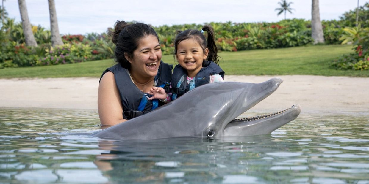 Mother and daughter swimming with a dolphin.
