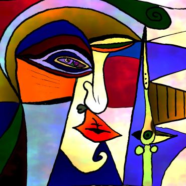 Abstract cubist-style painting of a face with bold colors.