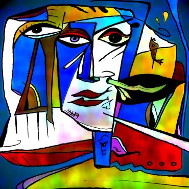 Abstract cubist-inspired painting with vibrant colors and distorted human face.