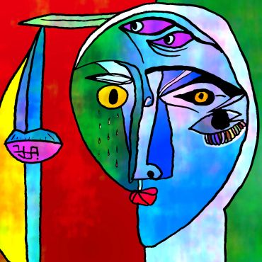 Abstract face with multiple eyes in vibrant colors and bold lines.