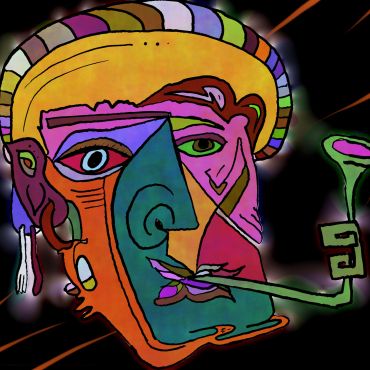 Abstract colorful Picasso-style face with a pipe and hat.