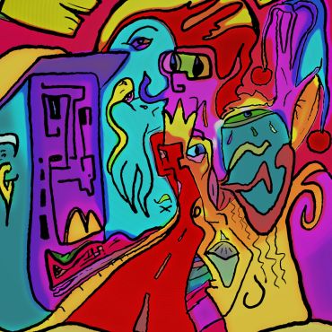 Colorful abstract painting with vivid shapes and expressive faces.