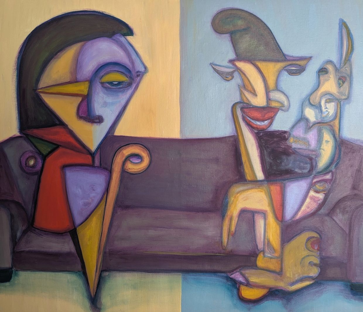Abstract painting of two stylized figures on a couch with vibrant colors and geometric shapes.
