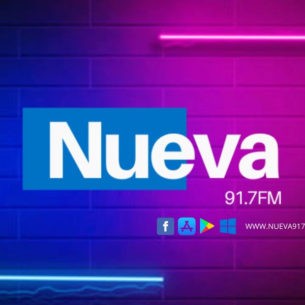 Radio station Nueva 91.7 FM logo with social media and app icons.