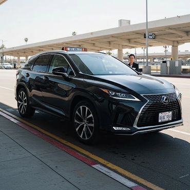 A black car service picking up a passenger at an airport.