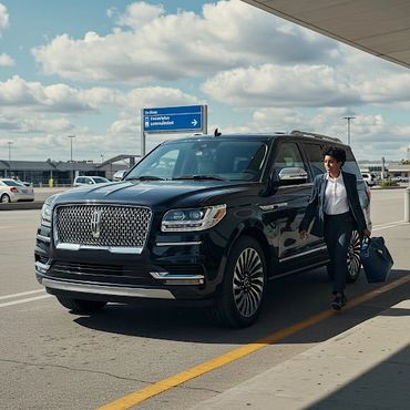 A black car service SUV dropping off a passenger at OHARE international airport.