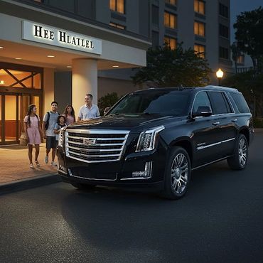 A black car service SUV picking up passengers at a hotel.