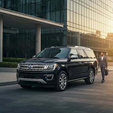 A black car service SUV picking up a corporate passenger.