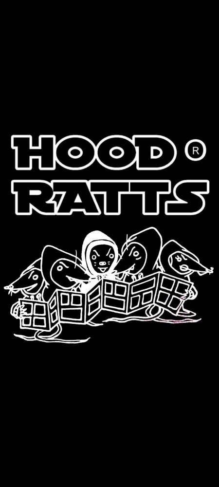 Illustration of hooded rats with bold text "HOOD RATTS".