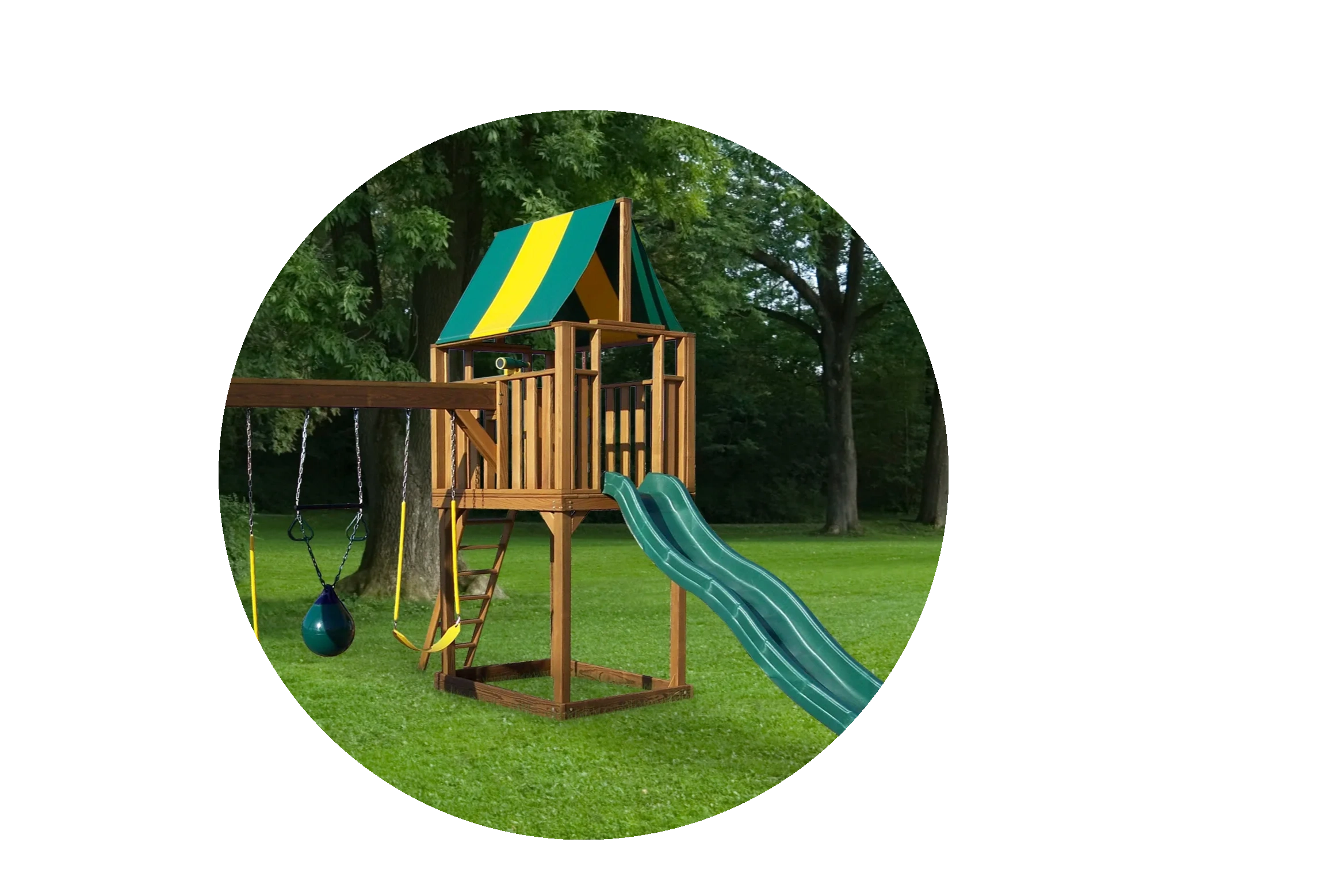 Large single tower wood playset with slide and swings