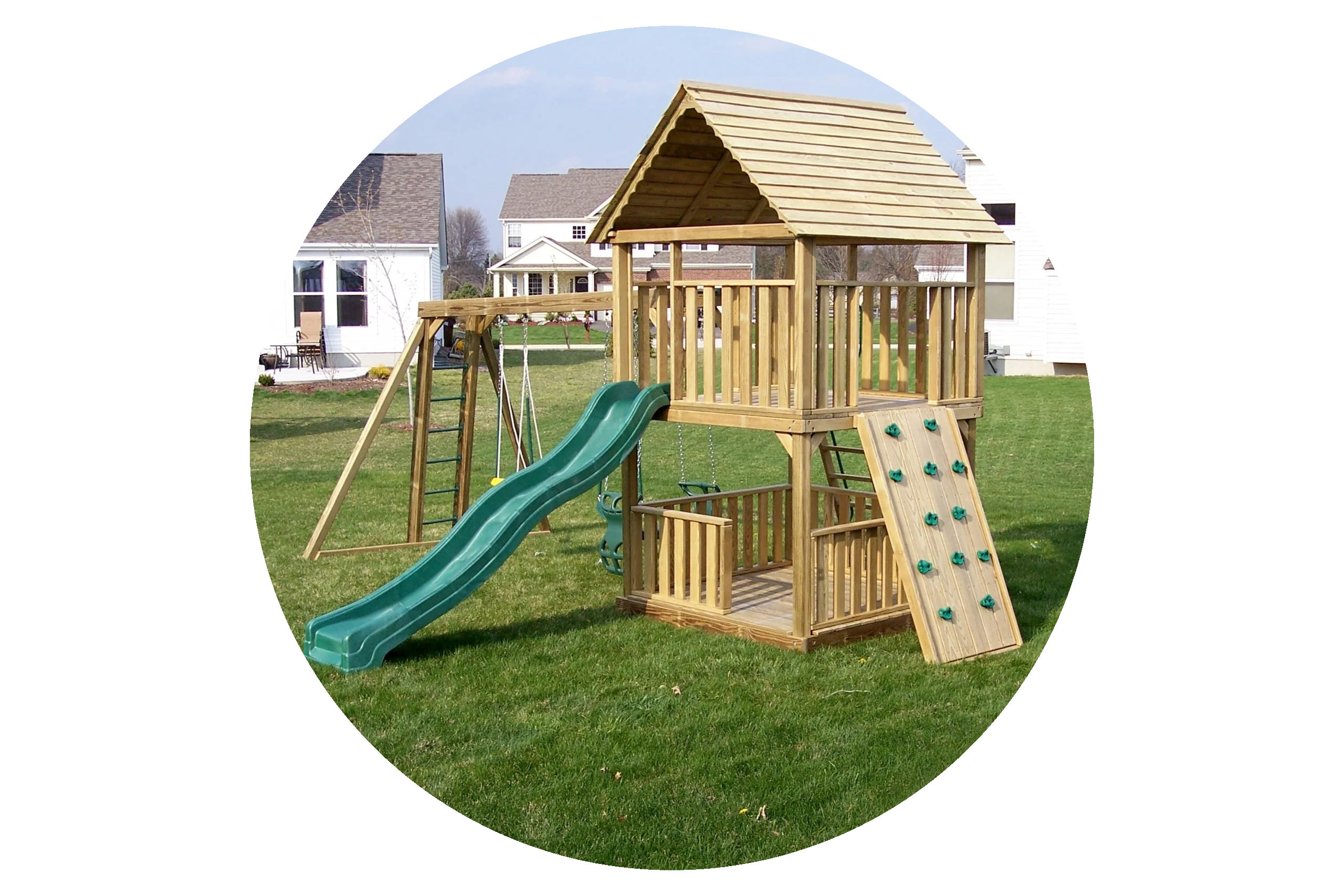 Large single tower wood playset with slide and swings deluxe base, wooden roof, monkey bar, rockwall