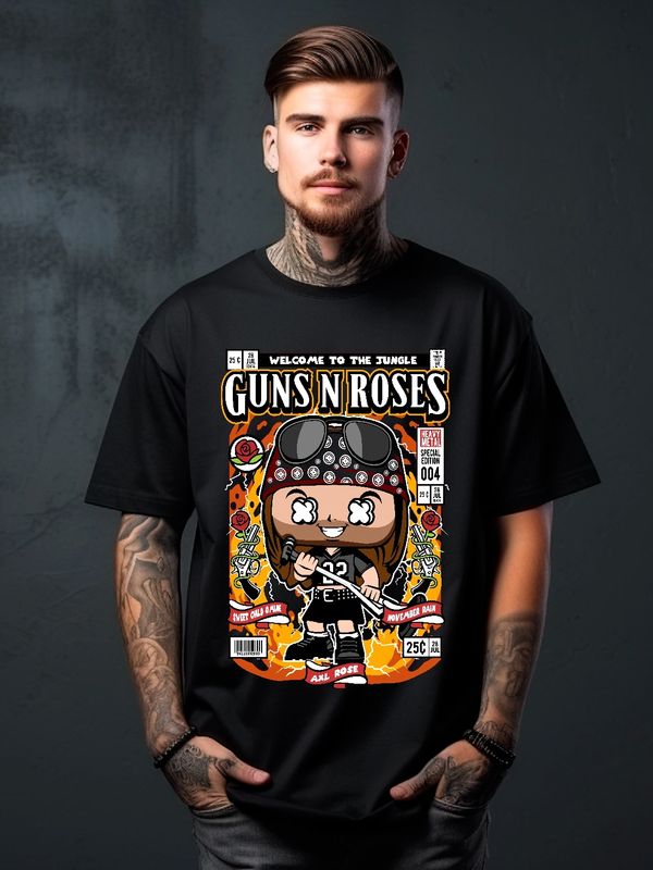 Man wearing a black Guns N' Roses t-shirt with a cartoon graphic of Axl Rose.