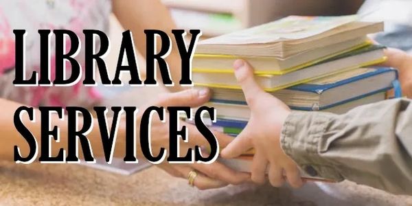 Two people exchanging a stack of books under 'Library Services' text.