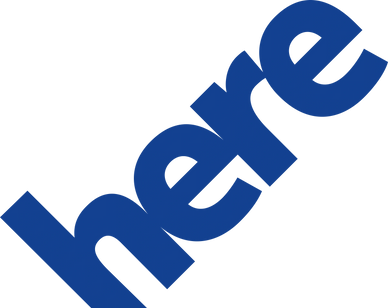 a blue logo with the word here on it