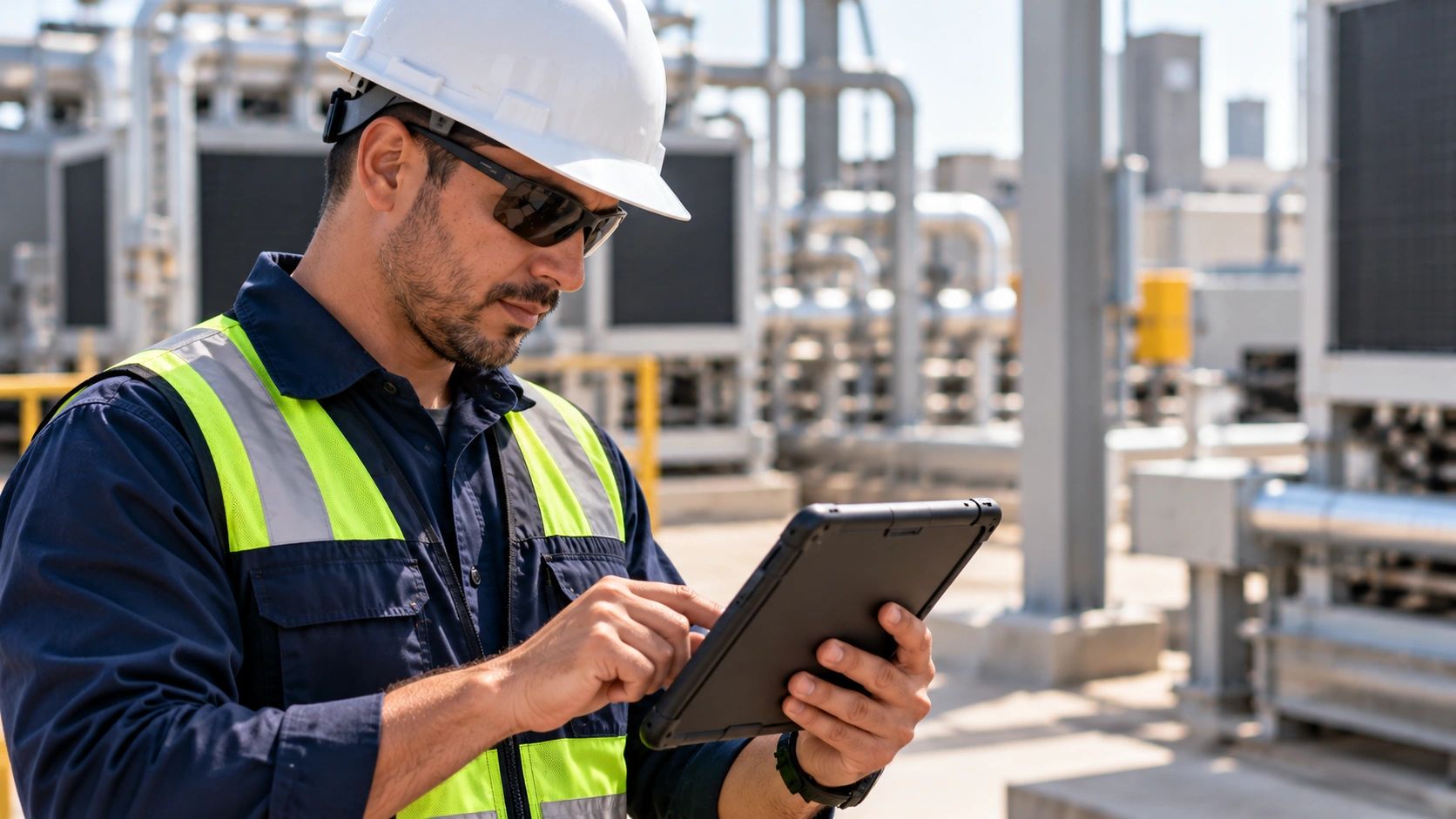 Técnico gestionando órdenes de trabajo en WerU desde una tablet durante una operación en campo.