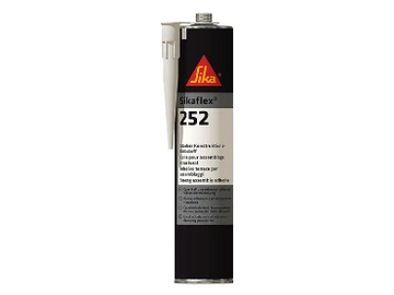 A tube of Sikaflex 252 adhesive sealant with nozzle attached, in black and white packaging.
