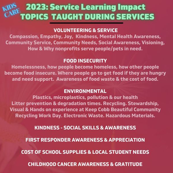 Service Learning Impact by KIDS CARE nonpofit in 2023.