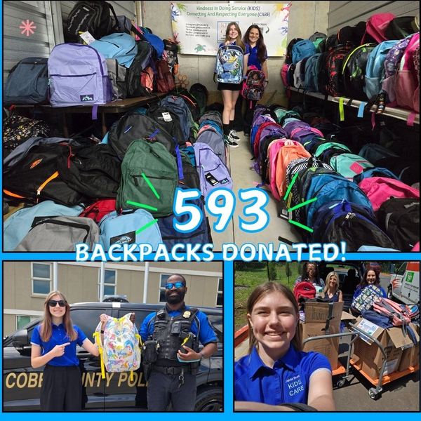 KIDS CARE Co-Founders with some of the 593 backpacks filled with supplies.