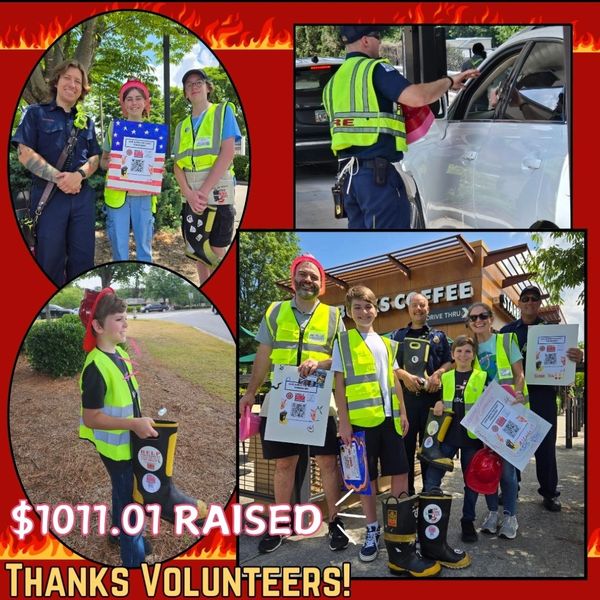 KIDS CARE Volunteers fundraising with Cobb County Fire Department for "Give Burns the Boot" Drive.