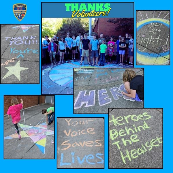 Positive Sidewalk Chalk for Cobb County 911 Dispatchers created by KIDS CARE volunteers.