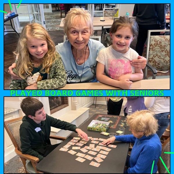 KIDS CARE Volunteers had a great time playing board games with seniors at Sterling Estates West Cobb