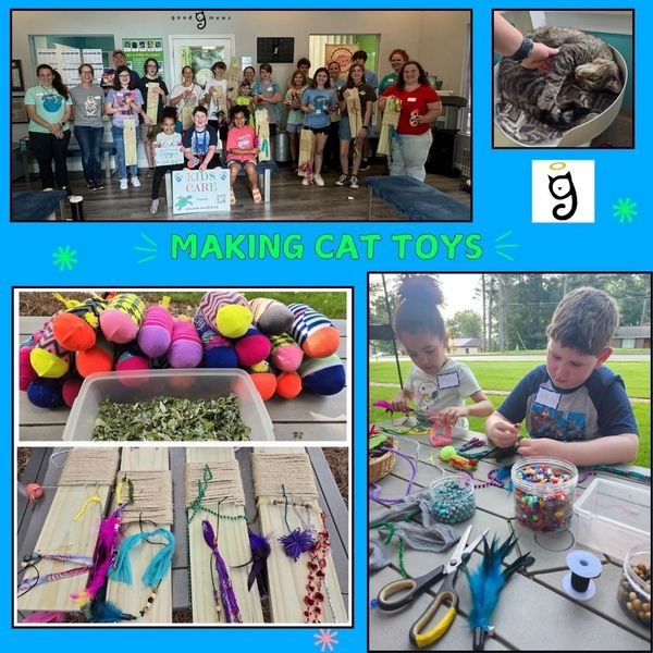 KIDS CARE volunteers making cat toys for Good Mews Animal Shelter.