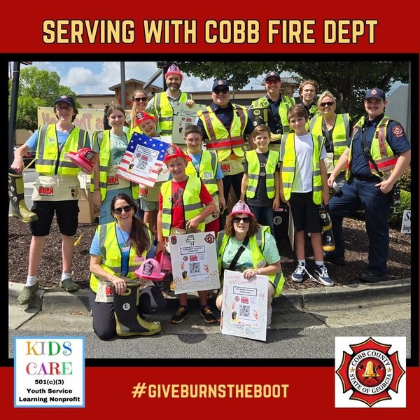 KIDS CARE Volunteers fundraising with Cobb County Fire Department for "Give Burns the Boot" Drive.