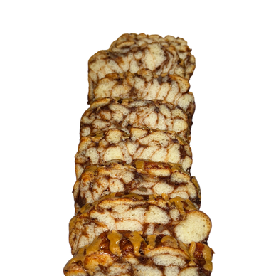 A stack of cinnamon swirl bread slices.