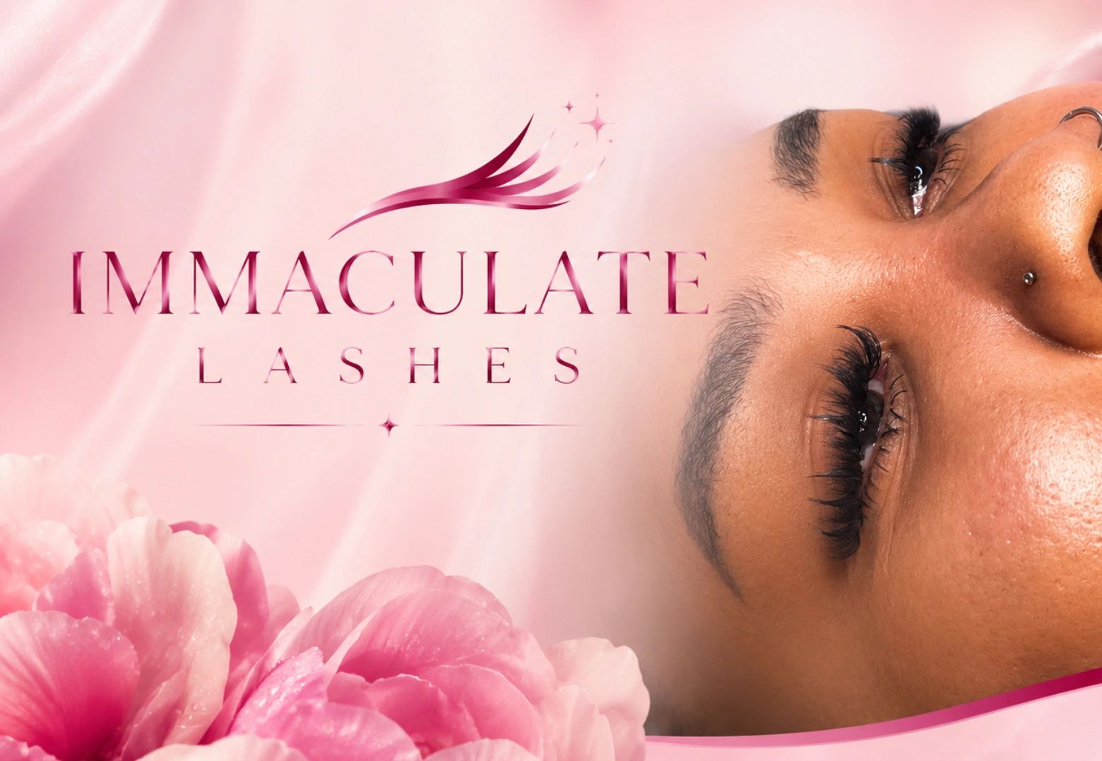 Close-up of a face with luxurious eyelashes and the text Immaculate Lashes on a pink background.