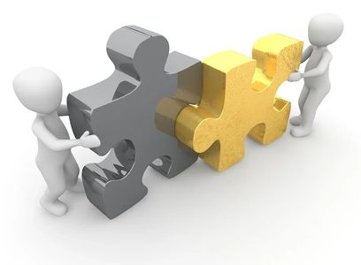 Puzzleın parçalarını birleştiren sevimli ikonlar. Çözüm ortağı olduğumuzu simgeler.