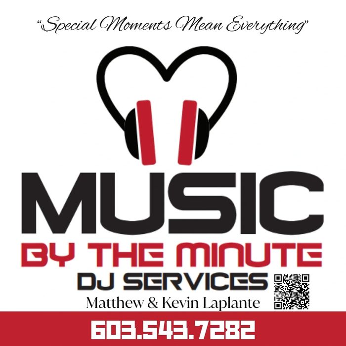 Logo for Music By The Minute DJ Services with a heart-shaped headphone design.