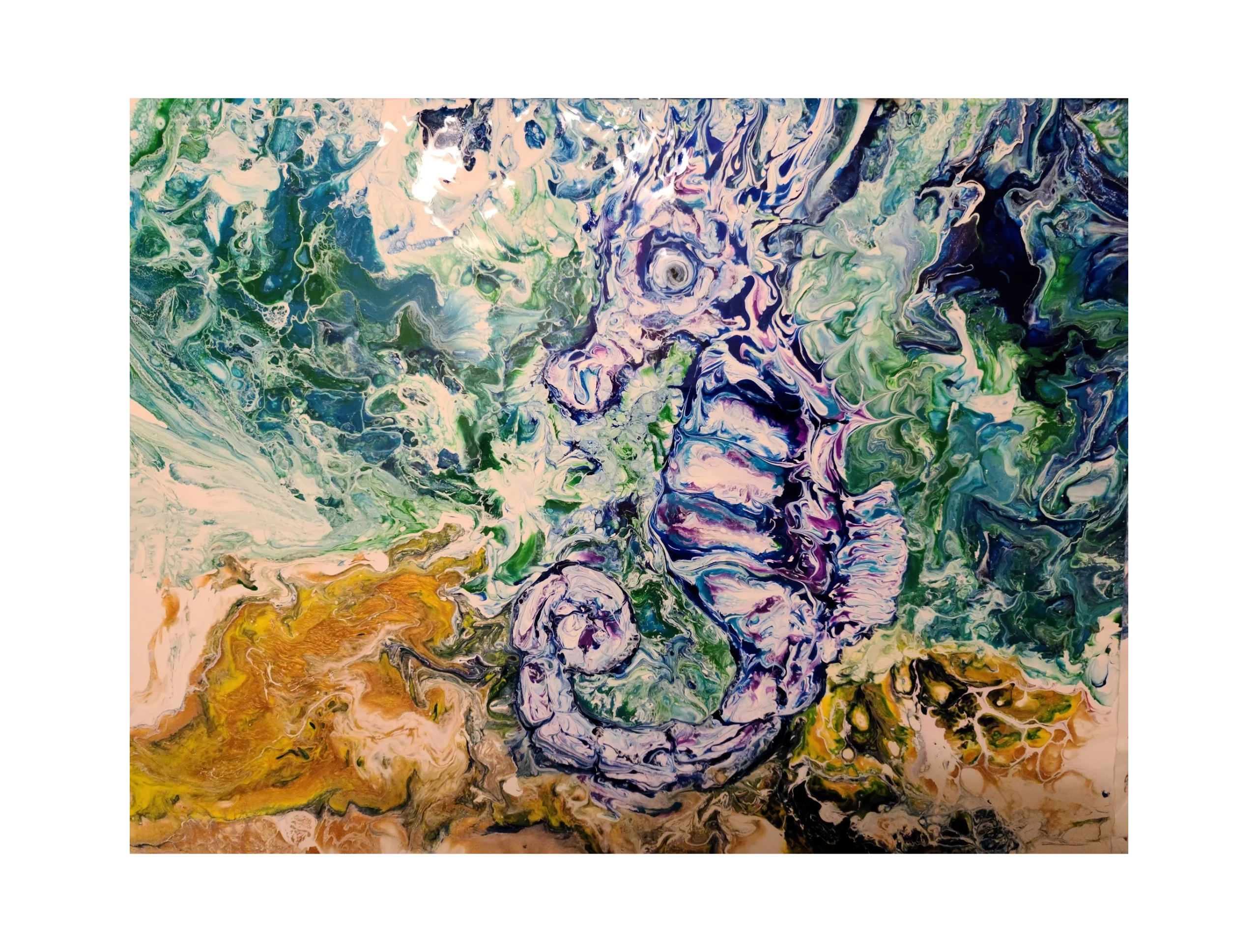 Abstract painting of a seahorse with swirling blue, green, and yellow hues.