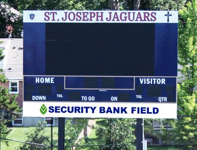 Scoreboard of St. Joseph Jaguars at Security Bank Field.