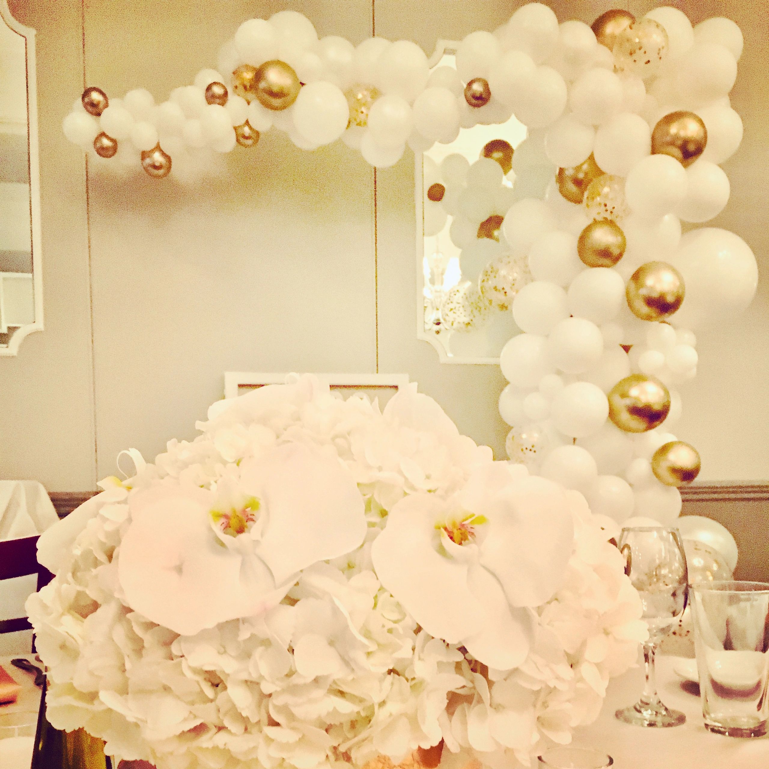 White and gold organic balloon arch for communion, wedding, birthday, anniversary, corporate event