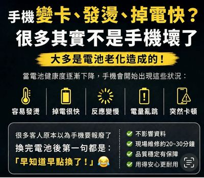 手機電池老化導致變卡、發燙、掉電快等問題。